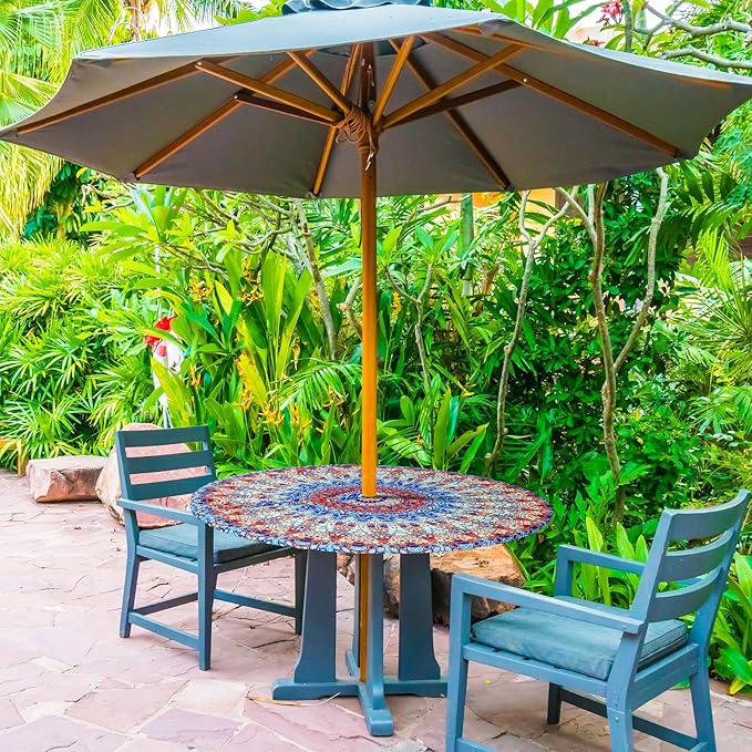 2 Pcs Round Outdoor Tablecloth with Umbrella Hole - Anti-Wrinkle Polyester Tablecloth with Elastic Zipper Table Cover for Summer Patio Camping Party(36''-44'',Mandala)
