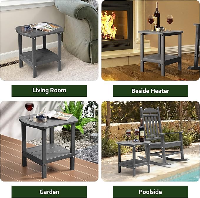 TORVA Patio Adirondack Side Table, Outdoor End Tables All-Weather Resistant HDPE Humidity-Proof Long Time Use for Deck, Lawn,Garden, Porch, Backyard End Table(Gray Color-2 Tier)