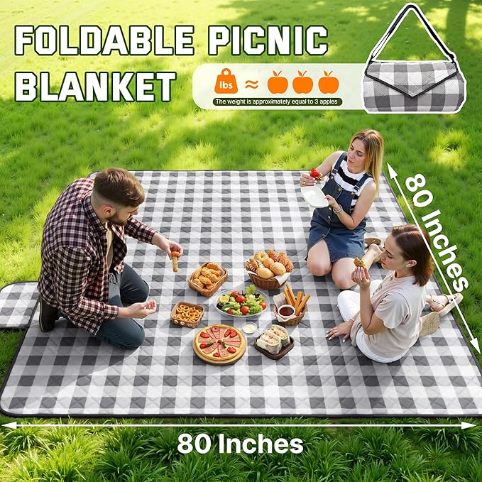 TigeJoy Extra Large Picnic Blanket Waterproof Foldable 60''x80'', Outdoor Picnic Mat Beach Blanket Sandproof for Park, Grass, Travel, Hiking, Camping Essentials, Gingham Picnic Blanket