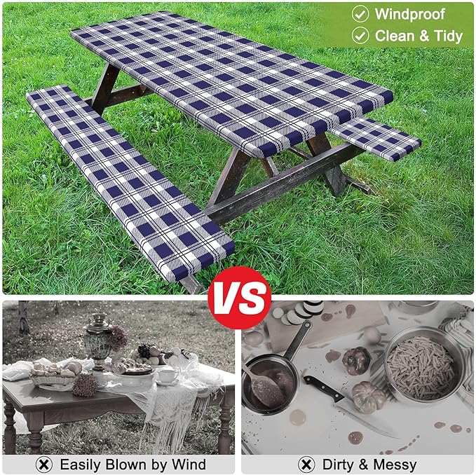 Picnic Table Cover with Bench Covers Camping Tablecloth with Storage Bag Windproof Waterproof Picnic Table Covers with Elastic for Camping