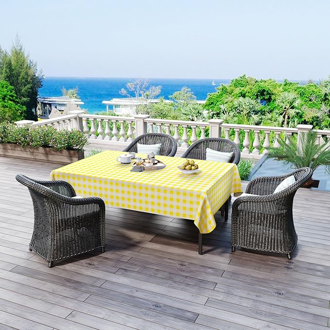 misaya Rectangle Waterproof Vinyl Table Cloth, Buffalo Flannel Backed Tablecloth, Wipeable Plastic Table Cover for Dinner, Kitchen, Outdoor (60" x 84", Yellow and White)
