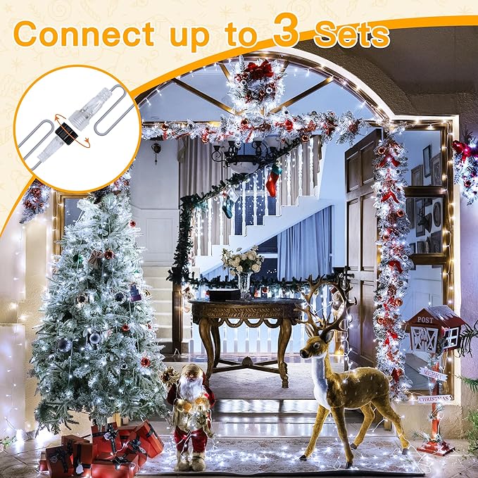 Ollny Christmas Lights Outdoor 200LED 60FT, Cool White Connectable Plug in Fairy Light Indoor, 8 Modes Waterproof Timer Plug in LED String Lights for House Outside Bedroom Patio Balcony