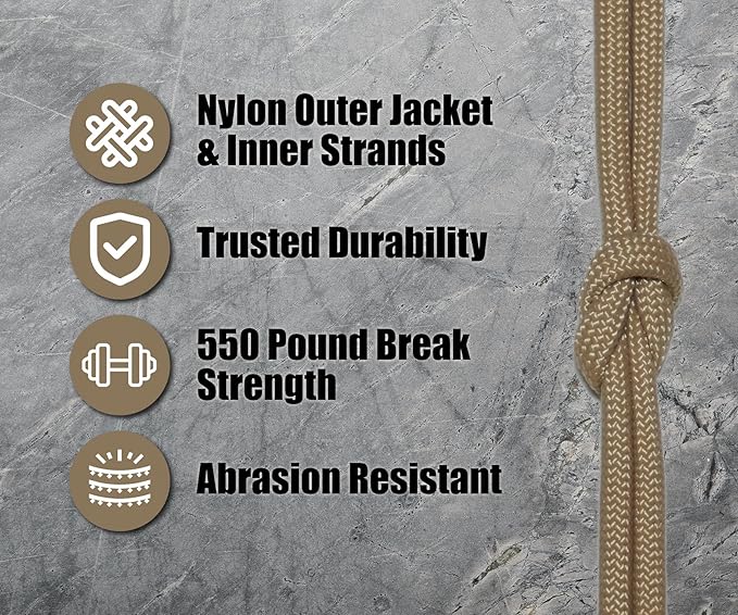 BORED? PARACORD! 550 lb Paracord - Ideal for Crafting, Camping, DIY Projects, Active & Military Outdoors - Strong Survival Rope - Tactical Parachute Cord Type III - Light Tan 100 Feet