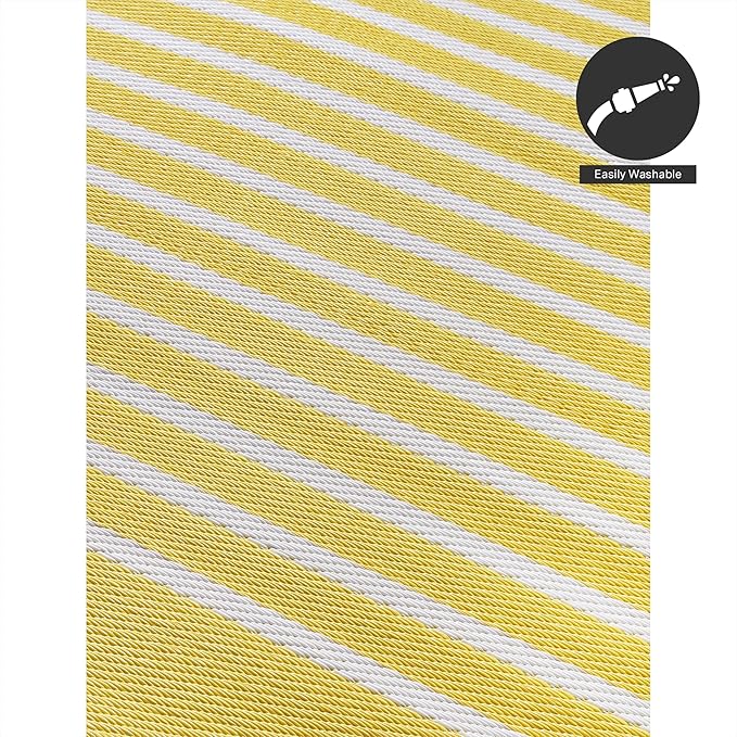 FH Home Outdoor Rug - Waterproof, Fade Resistant, Crease-Free - Premium Recycled Plastic - Geometric - Porch, Deck, Balcony, Mudroom, Laundry Room, Patio - Hampton - Yellow Crease Free - 3 x 5 ft
