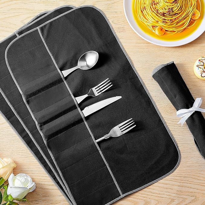 6 Pcs Anti Tarnish Silver Storage Bags Silver Storage Cloth Felt Flatware Organizer Anti Tarnish Protector Bags Place Setting Roll with White Ribbon for Kitchen Cutlery Utensils