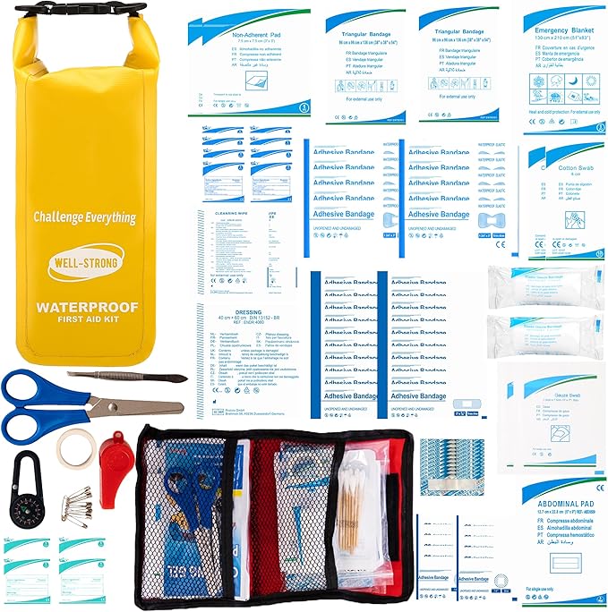 Waterproof First Aid Kit Roll Top Boat Emergency Kit with Waterproof Contents for Fishing Kayaking Boating Swimming Camping Rafting Beach Yellow