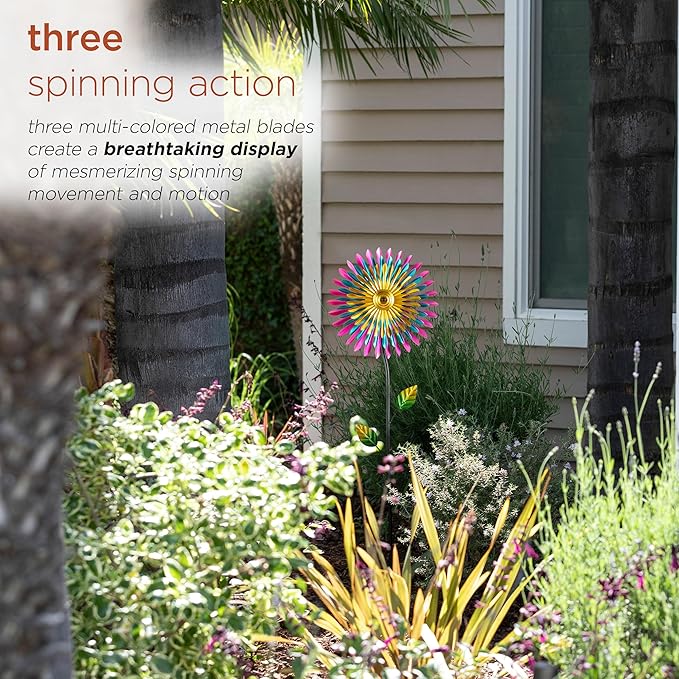 Alpine Corporation 47" Tall Outdoor Metal Windmill Triple Spinner Garden Stake Yard Decoration, Daisy