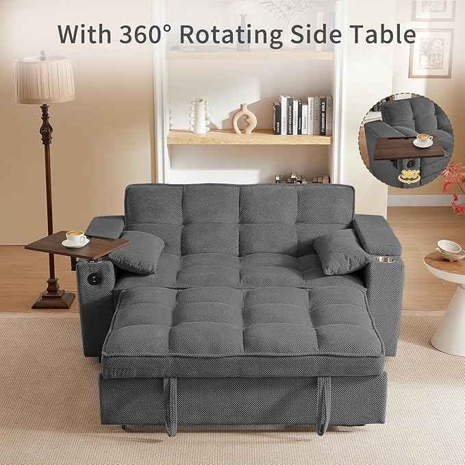 65'' 3-in-1 Folding Convertible Sofa Bed, Queen Size Pullout Sofa, Modern Chenille Fabric, 360° Swivel Side Table, Easy Assembly, Perfect for Living Room