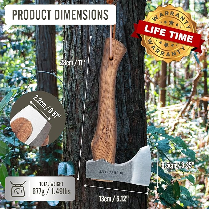 ROCKYGIANT 11'' Small Axe Hatchet, Camping Axe for Limbing or Splitting Kindling and Firewood, Hand Forged, with Leather Sheath and Hickory Wood Handle, for Outdoor Garden Forest