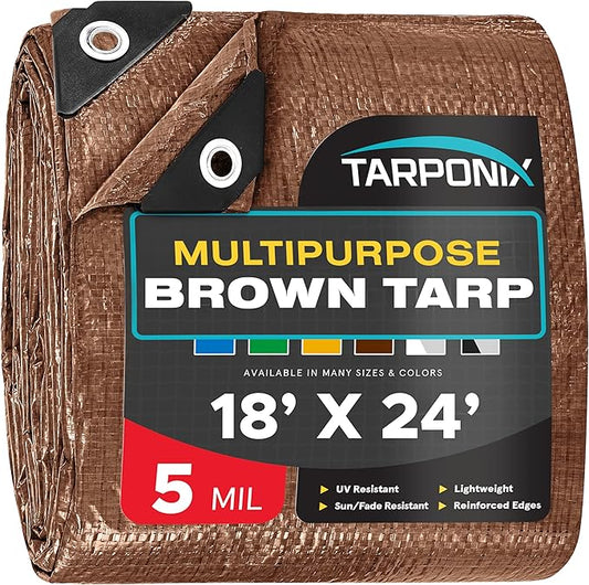 Brown Poly Tarp 18’ x 24’ – Lightweight 5 Mil Waterproof Cover – Durable, Weatherproof, Multipurpose Protection for Camping, Roofing, Construction