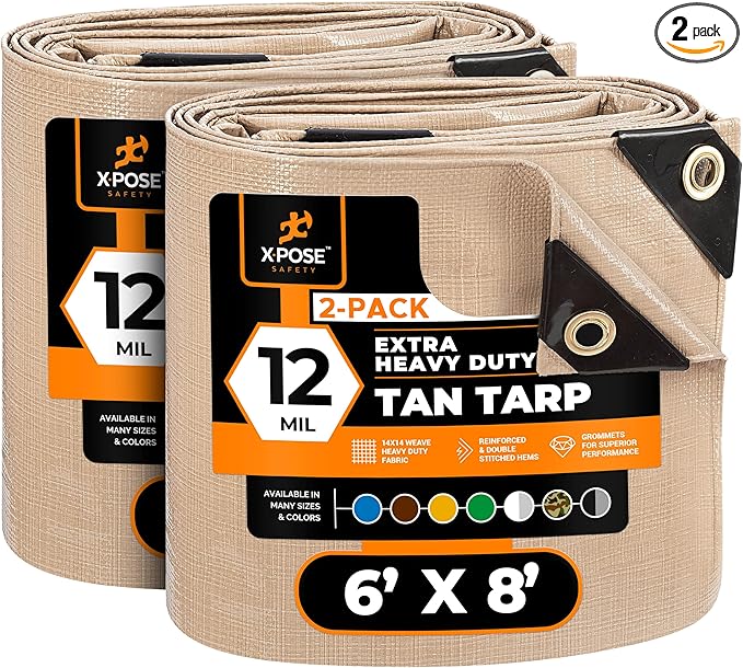 Heavy Duty Tan Poly Tarp 6' X 8' (2-Pack) - Multipurpose Protective Cover - Durable, Waterproof, Weather Proof, Rip and Tear Resistant - Extra Thick 12 Mil Polyethylene - by Xpose Safety