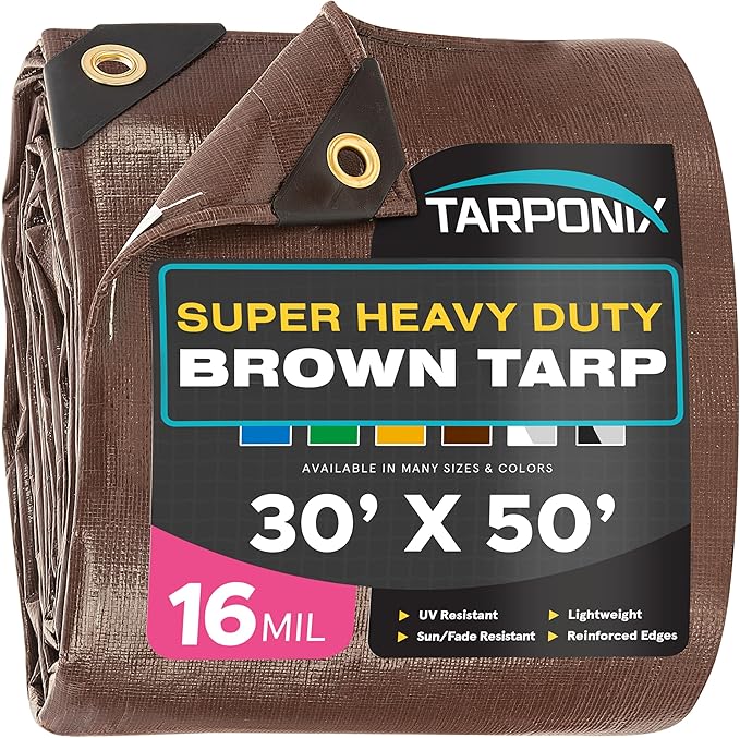 Super Heavy-Duty Brown Tarp 30' x 50' – 16 Mil Thick, All-Weather Waterproof Cover with Reinforced Edges and Sturdy Grommets