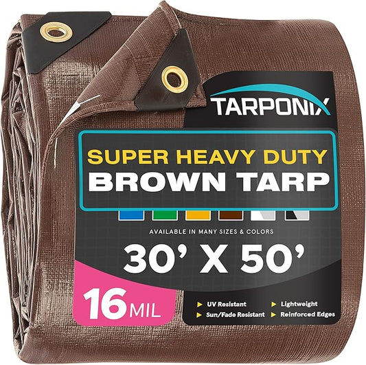 Super Heavy-Duty Brown Tarp 30' x 50' – 16 Mil Thick, All-Weather Waterproof Cover with Reinforced Edges and Sturdy Grommets