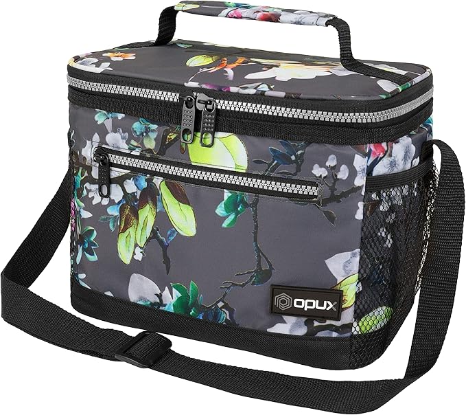 opux Insulated Lunch Box Men Women, Lunch Bag for Work School, Leakproof Soft Cooler Tote Adult, Large Lunch Pail Kids Boys Girls, Picnic Beach Food Bag with Shoulder Strap, Grey Floral