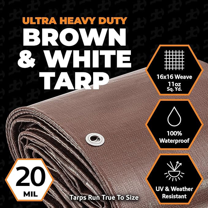 xpose safety 10' x 12' Brown/White Ultra Heavy Duty Tarp - 20 Mil Tarps Heavy Duty Waterproof 10x12 - Large Outdoor Tarp,Waterproof Tarp Cover Rain Camping,Tent Tarp,UV Protection,Reinforced Corners