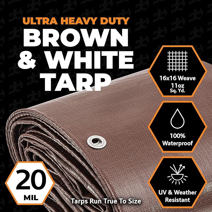 6' x 8' Brown/White Ultra Heavy Duty Tarp - 20 Mil Tarps Heavy Duty Waterproof 6x8- Large Outdoor Tarp, Waterproof Tarp Cover for Rain Camping, Tent Tarp, UV Protection, Reinforced Corners
