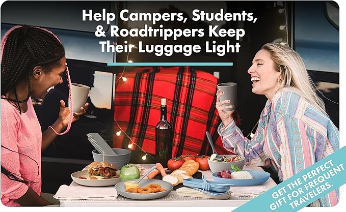 FOODLE Wheat Straw Dinnerware Set - BPA Free & Safety Tested - Microwave & Dishwasher Safe - Perfect for Picnic, Dorm, RV Dishes - Camping Plates Cups and Bowls Set - Great for Kids & Adults - For 4