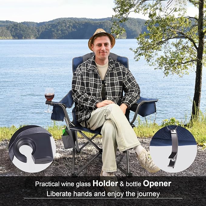 Northroad Oversized Camping Chair, Full Padded Outdoor Folding Chair Support 350 LBS, Heavy Duty Lawn Chair w/Cup Holder, Cooler Bag, Shoulder Straps for Adult-Blue