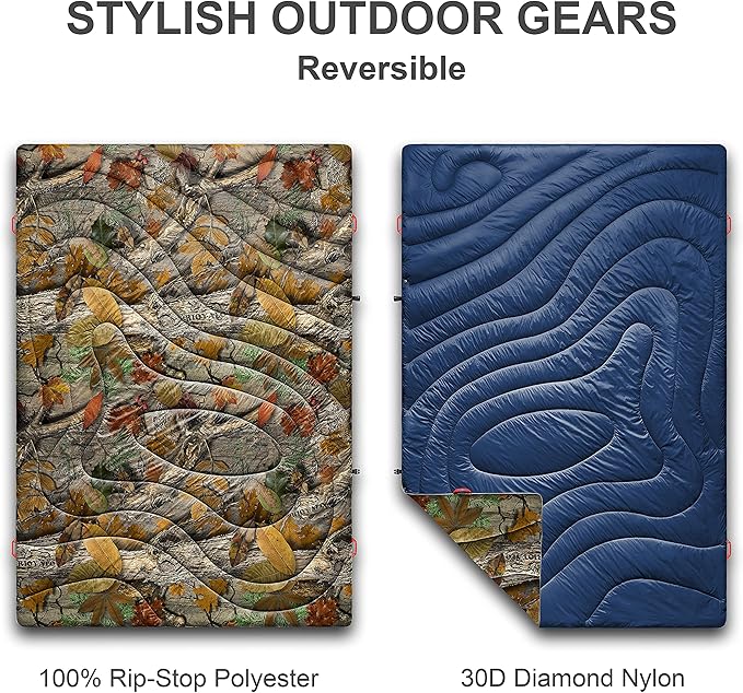 ECOSILK Outdoor Blanket Waterproof | XL Puffy Camping Blanket for Hiking Backpacking | Lightweight Packable Travel Cars Blanket w. Stuff Sack for Picnic Festival |55 X 79 in| Forest Camo…