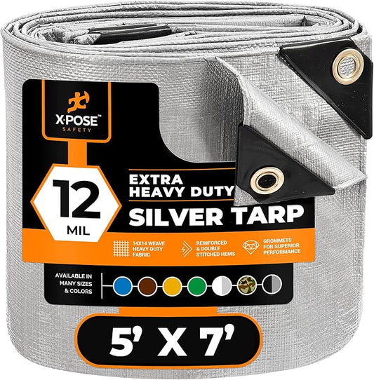Heavy Duty Silver Poly Tarp 5' X 7' - Multipurpose Protective Cover - Durable, Waterproof, Weather Proof, Rip and Tear Resistant - Extra Thick 12 Mil Polyethylene - by Xpose Safety
