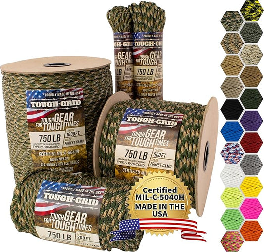 TOUGH-GRID Paracord Rope 750 lbs Nylon Parachute Cord, Made in USA Survival Kit, Outdoor Adventures, Camping, Tactical Gear & Emergency Supplies, Military Type IV Mil-Spec