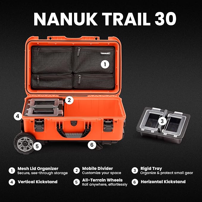 NANUK Trail 30 – 28.5L (7.5-Gallon) Waterproof Storage Box – Wheeled and Modular Cargo Case for Camping, Fishing, Hunting & Outdoor Storage - Dustproof and Impact Resistant (22" x 14" x 9") – Orange