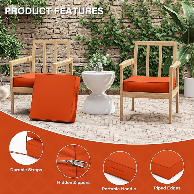 Patio Chair Cushions 19 X 19 X 4 Inch Waterproof Outdoor Seat Cushions for Patio Furniture, Outdoor Sofa Couch Pads with Ties & Handle, Set of 2, Orange