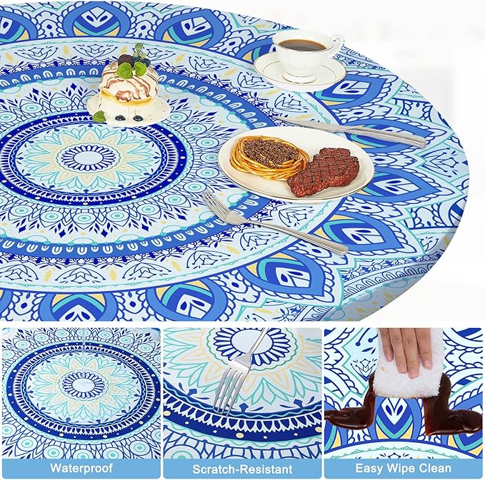 Round Tablecloth Fitted Elastic Table Cover Waterproof Table Cloth for Dinner, Party, Picnic,Camping, Round Table Cover for Indoor Outdoor
