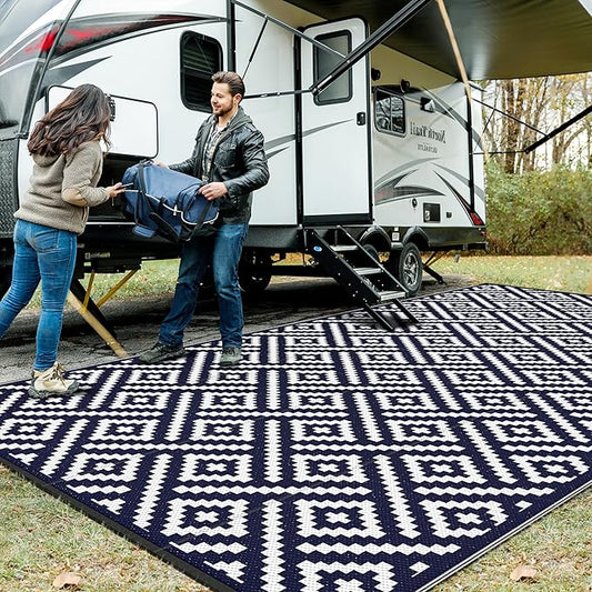 GENIMO Outdoor Rug for Patio Clearance, 9'x18' Waterproof Camping Mat, Reversible Plastic Straw Rugs for RV, Camper, Balcony, Backyard, Picnic, Deck (Navy Blue & White)