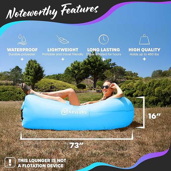 Nevlers 2 Pack Inflatable Loungers Air Sofa Couch | Perfect for Beach Chair Camping Chairs or Portable Hammock |Travel Bag Pouch, Pegs & 3 Pockets| Movie Seating & Camping Accessories Blow Up Lounger