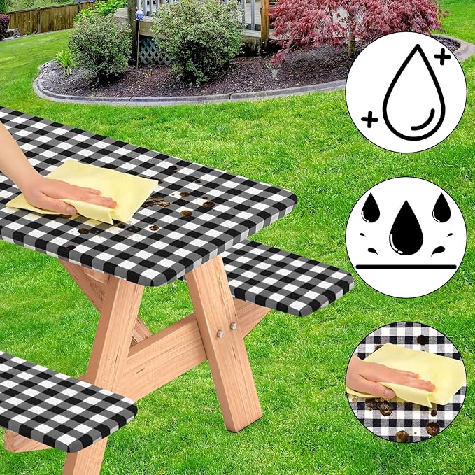3 Pcs Set Fitted Picnic Table Cover with Bench Covers Vinyl Camping Table Cloth Flannel Backing Picnic Table Cloth for 6ft Tables Camping Outdoor (Black Checked, 30 x 72 Inches)