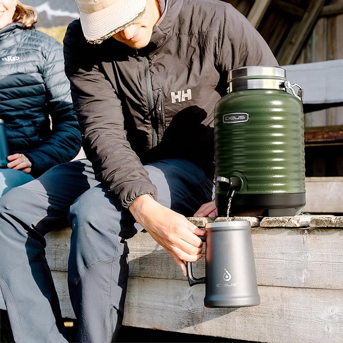 IDEUS Insulated Beverage Dispenser 5.2L, All-in-one for Camping Vacuum Double-Wall Stainless Steel Water Cooler Coffee Carafe Jug Leakproof Drink Container with Handle, Spigot & Stand (Green)