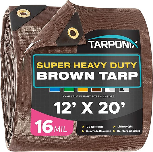 Super Heavy-Duty Brown Tarp 12' x 20' – 16 Mil Thick, All-Weather Waterproof Cover with Reinforced Edges and Sturdy Grommets