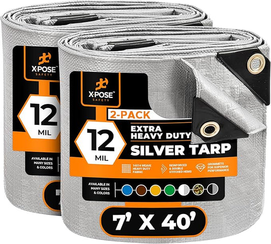 Heavy Duty Silver Poly Tarp 7' X 40' (2-Pack) - Multipurpose Protective Cover - Durable, Waterproof, Weather Proof, Rip and Tear Resistant - Extra Thick 12 Mil Polyethylene - by Xpose Safety