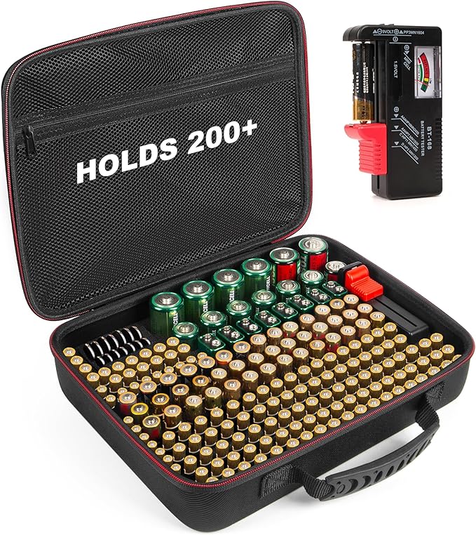 Battery Organizer Storage Case with Tester (BT168),Battery Holder Box Vault Case Waterproof, Large Capacity Batteries Carrying Case Container Bag Fit for 200+ Batteries AA AAA C D 9V