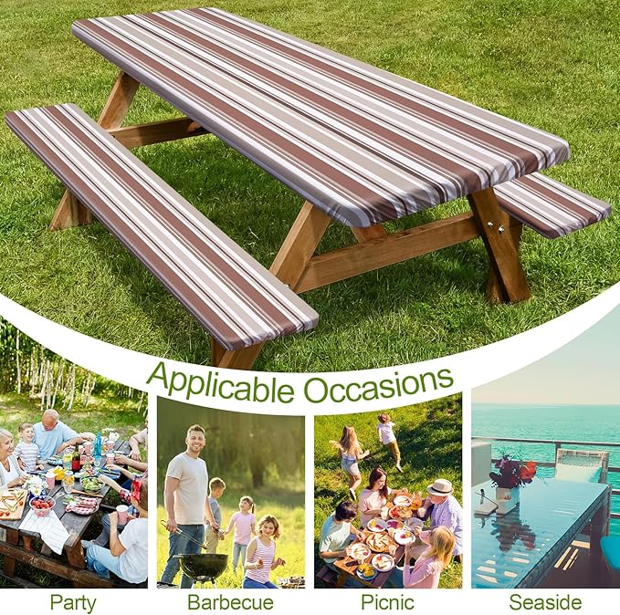 Picnic Table Cover with Bench Covers Camping Essentials Waterproof Windproof Camping Tablecloth with Drawstring Bag, Fitted Rectangle Tables and Seats, 96in, Brown Stripe