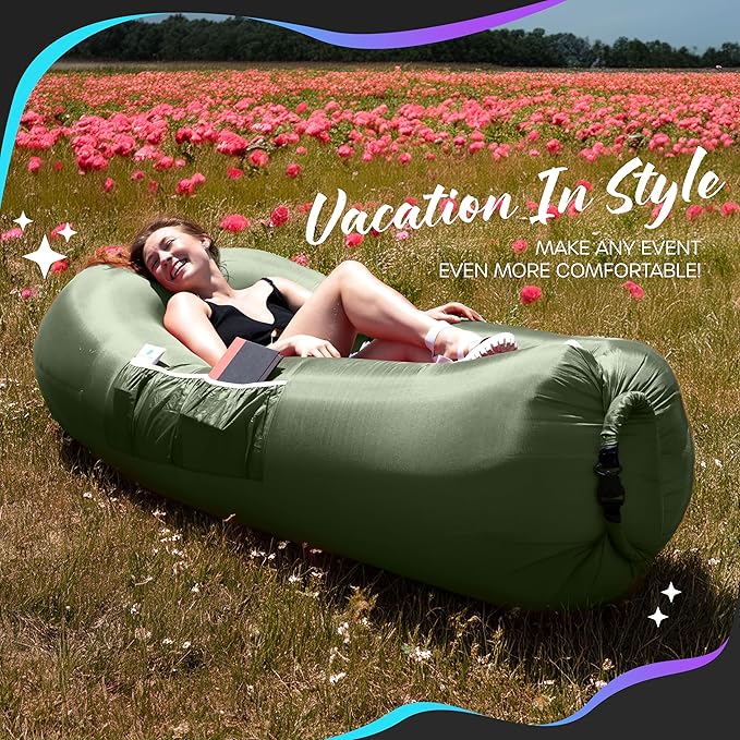 Nevlers Inflatable Lounger | 210T Polyester Inflatable Chair | No-Pump Blow Up Couch | Camping Couch Air Sofa Bed w/ 450 lbs. Cap., Pockets & Matching Bag | Use as Inflatable Couch for Adults & Kids