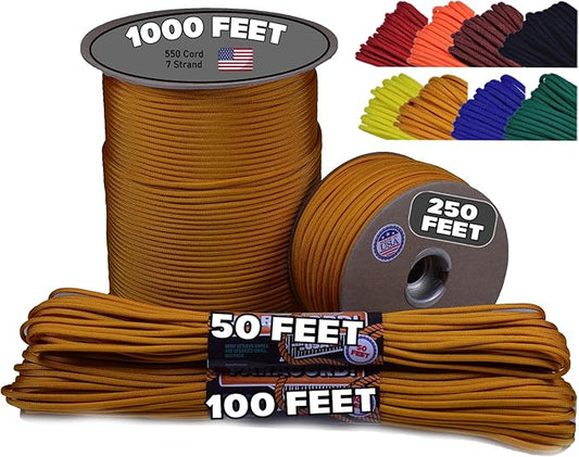 BORED? PARACORD! 550 lb Paracord - Ideal for Crafting, Camping, DIY Projects, Active & Military Outdoors - Strong Survival Rope - Tactical Parachute Cord Type III - Goldenrod 100 Feet
