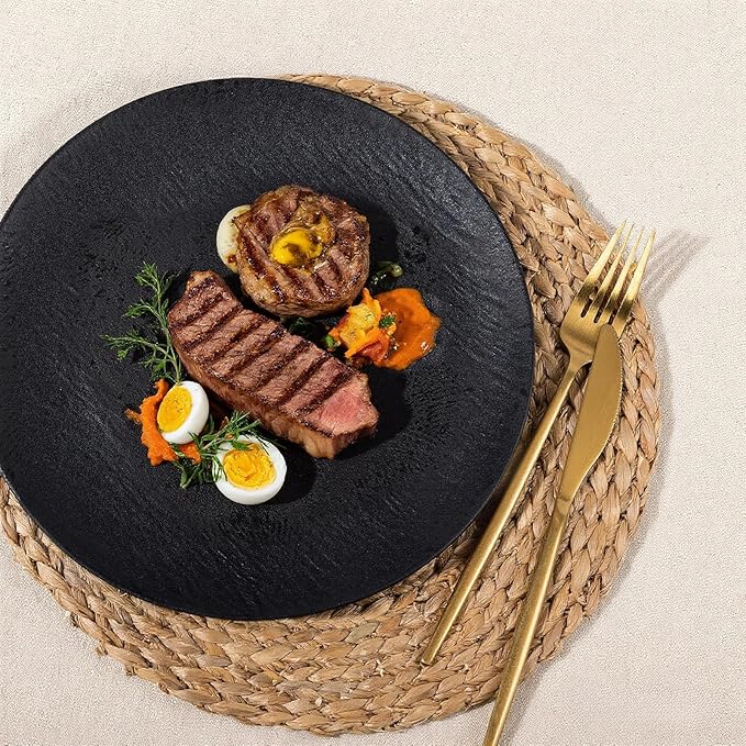 WONDERFUL 32pcs Black Plates Black Plastic Plates Unbreakable and Reusable Plastic Plate Dishwasher safe Dishes Set Includes:16 Dinner 10" and 16 Dessert Plate 7.3" Suitable for BBQ & Camping