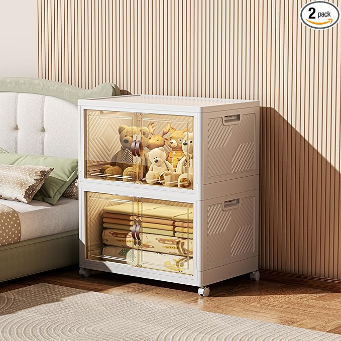 208 QT / 52 Gal Stackable Collapsible Storage Bins with Magnetic Doors & Wheels - Space-Saving Plastic Organizer Cabinet for Closet, Office, Home (White)