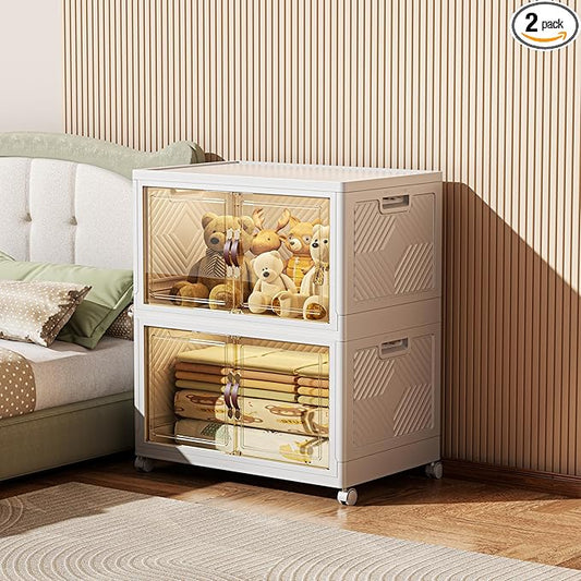 208 QT / 52 Gal Stackable Collapsible Storage Bins with Magnetic Doors & Wheels - Space-Saving Plastic Organizer Cabinet for Closet, Office, Home (White)