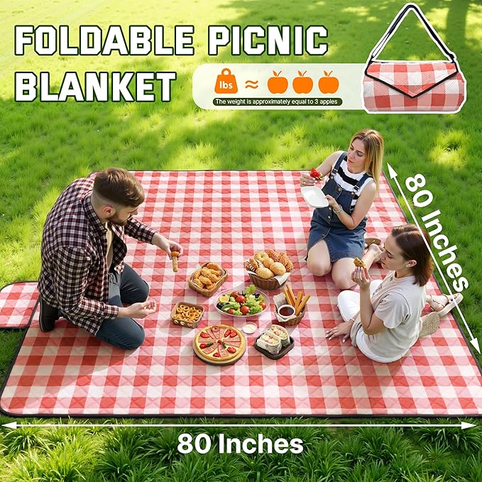 TigeJoy Extra Large Picnic Blanket Waterproof Foldable 60''x80'', Outdoor Picnic Mat Beach Blanket Sandproof for Park, Grass, Travel, Hiking, Camping Essentials, Gingham Picnic Blanket