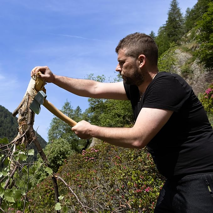 Prandi Axes Segurin C45 Forged Carbon Steel Hatchet - Hickory Handle with Leather String - Ideal for Camping, Travel and Bushcraft - S/N 3.059.04.CH - 11" L x 5.3" W, 400g Polished Head, No Sheath