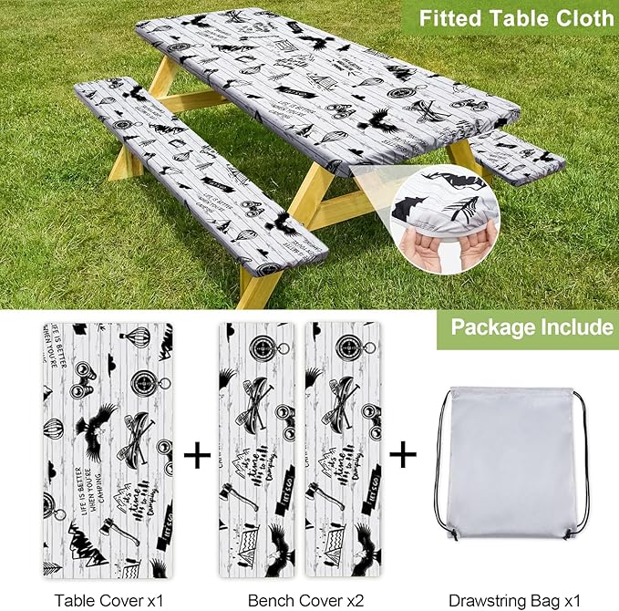 Picnic Table Cover with Bench Covers Camping Essentials Waterproof Windproof Camping Tablecloth with Drawstring Bag, Fitted Rectangle Tables and Seats, 96in, White