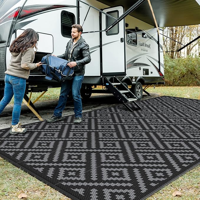 GENIMO Outdoor Rug for Patio Clearance, 8'x16' Waterproof Camping Mat, Reversible Plastic Straw Rugs for RV, Camper, Balcony, Backyard, Picnic, Deck, Black & Gray