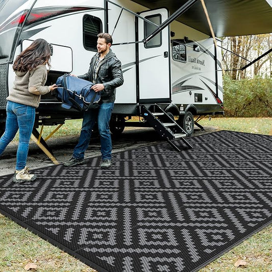 GENIMO Outdoor Rug for Patio Clearance, 8'x16' Waterproof Camping Mat, Reversible Plastic Straw Rugs for RV, Camper, Balcony, Backyard, Picnic, Deck, Black & Gray
