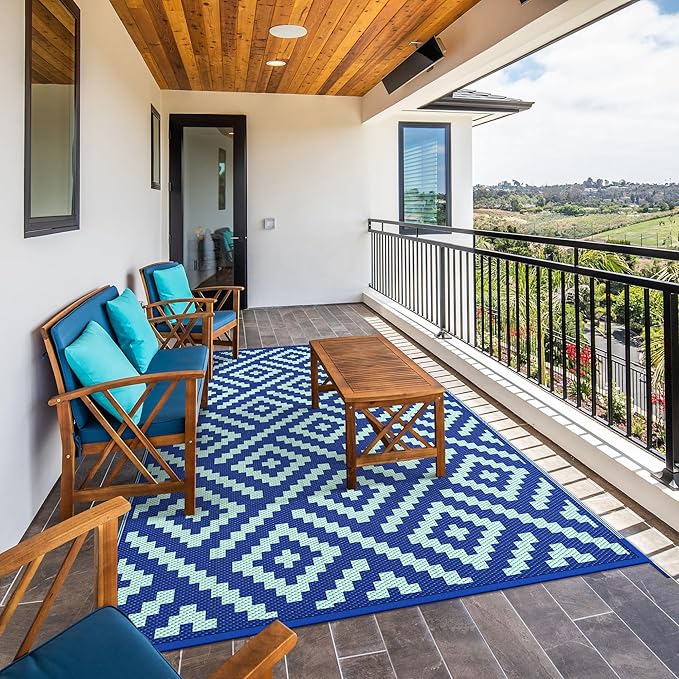 GENIMO Outdoor Rug for Patio Clearance, 6'x9' Waterproof Camping Mat, Reversible Plastic Straw Rugs for RV, Camper, Balcony, Backyard, Picnic, Deck (Royal Blue & Blue Green)