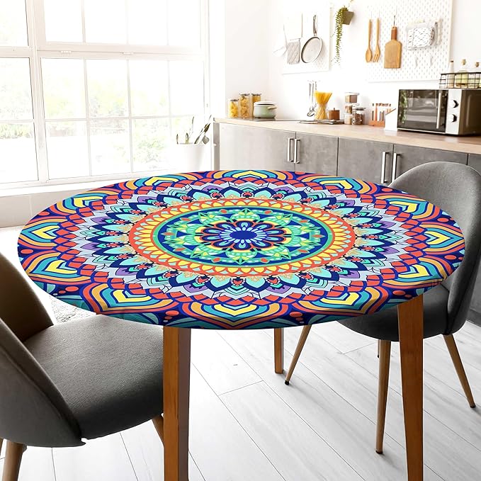 Round Tablecloth Fitted Elastic Table Cover Waterproof Table Cloth for Dinner, Party, Picnic,Camping, Round Table Cover for Indoor Outdoor