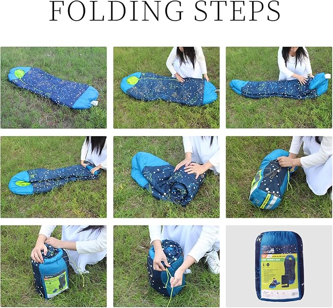 AceCamp Glow in The Dark Mummy Sleeping Bag for Kids and Youth, Temperature Rating 30°F/-1°C, Water-Resistant for Camping, Hiking, and Slumber Party