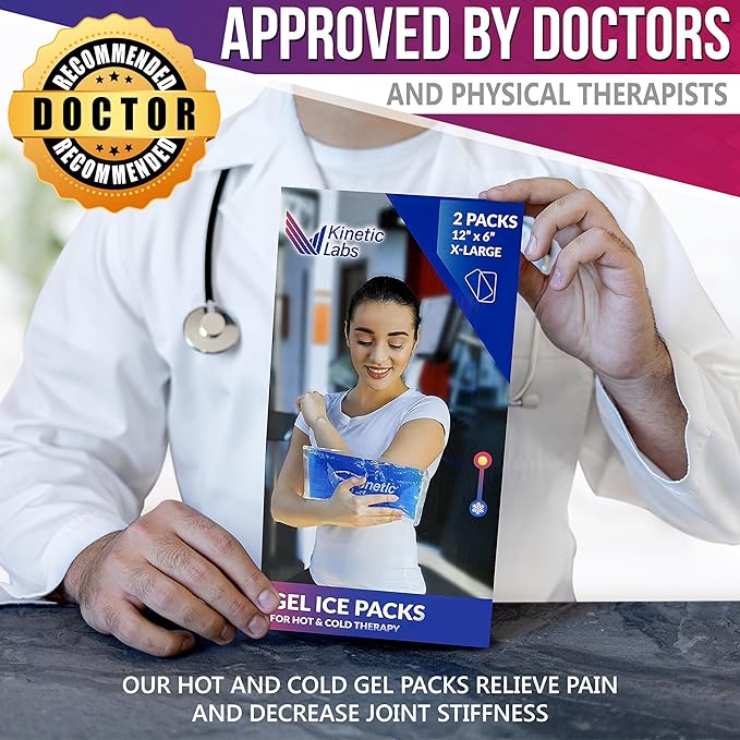 Reusable Gel Ice Packs for Injuries by Kinetic Labs (2 Pack) - Hot Cold Packs for Injuries 12" x 6" - Flexible Ice Packs for Back Head Knee Shoulder Neck Ankle Elbow Feet Headaches Surgery (X-Large)